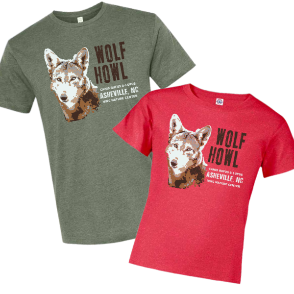 Adult Green Tee and Youth Red Tee with Wolf Howl, Canis Lupus, and Asheville, NC Text.